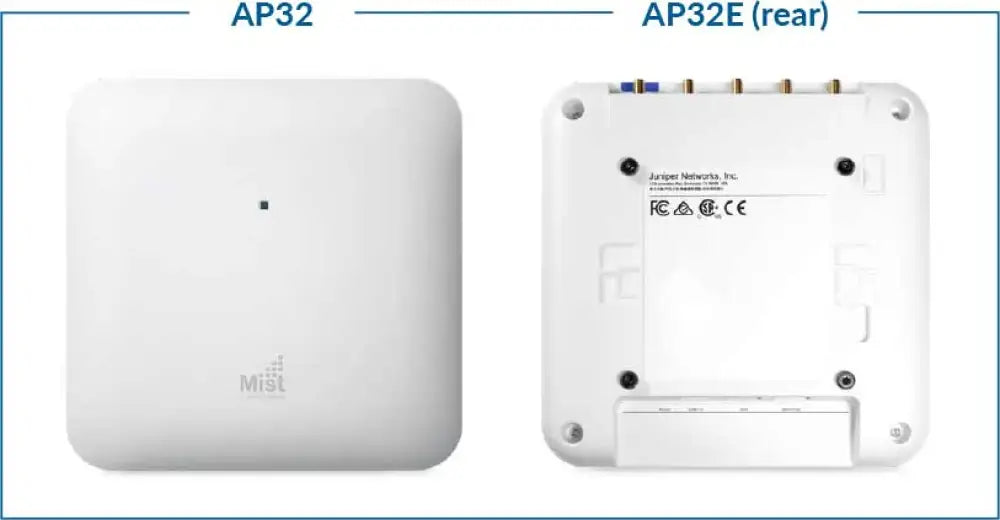 Mist AP32 wireless access point front and AP32E rear with ports and labels