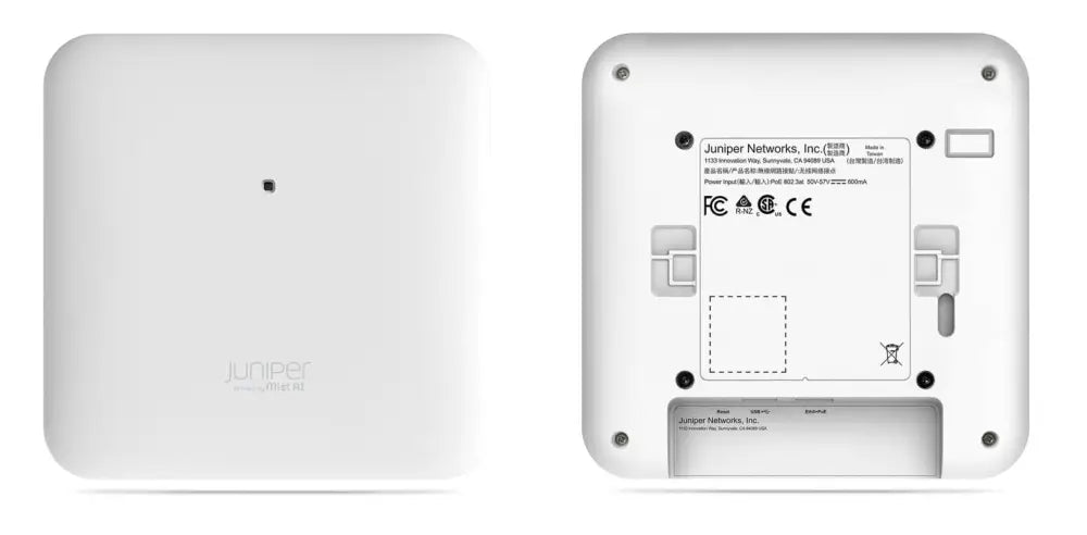 Juniper Mist AI access point front and back view, white square wireless network device
