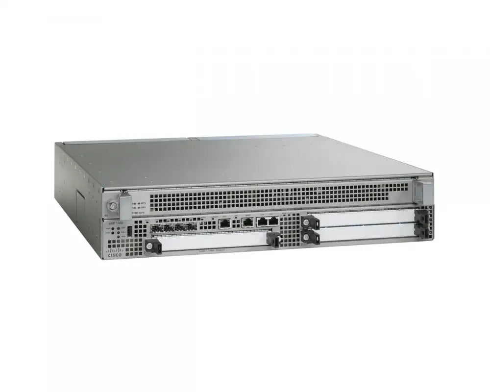 Cisco ASR1002-X enterprise network router front view, silver chassis, multiple ports visible