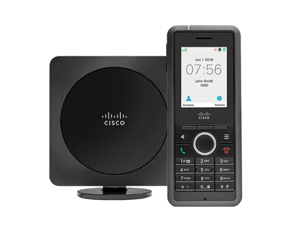 Cisco DECT wireless phone handset and base station on white background