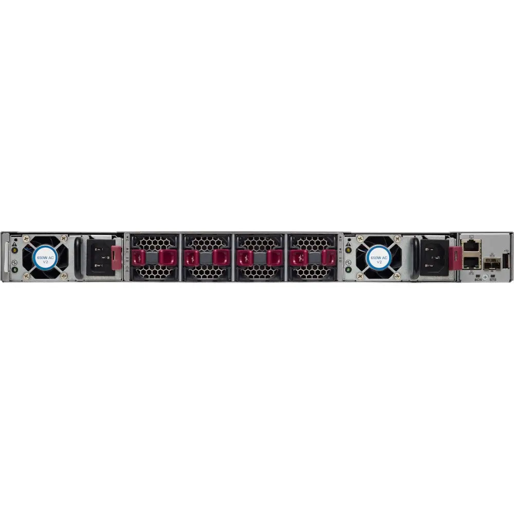 Rear view of 1U rackmount server with dual power supplies, cooling fans, network ports