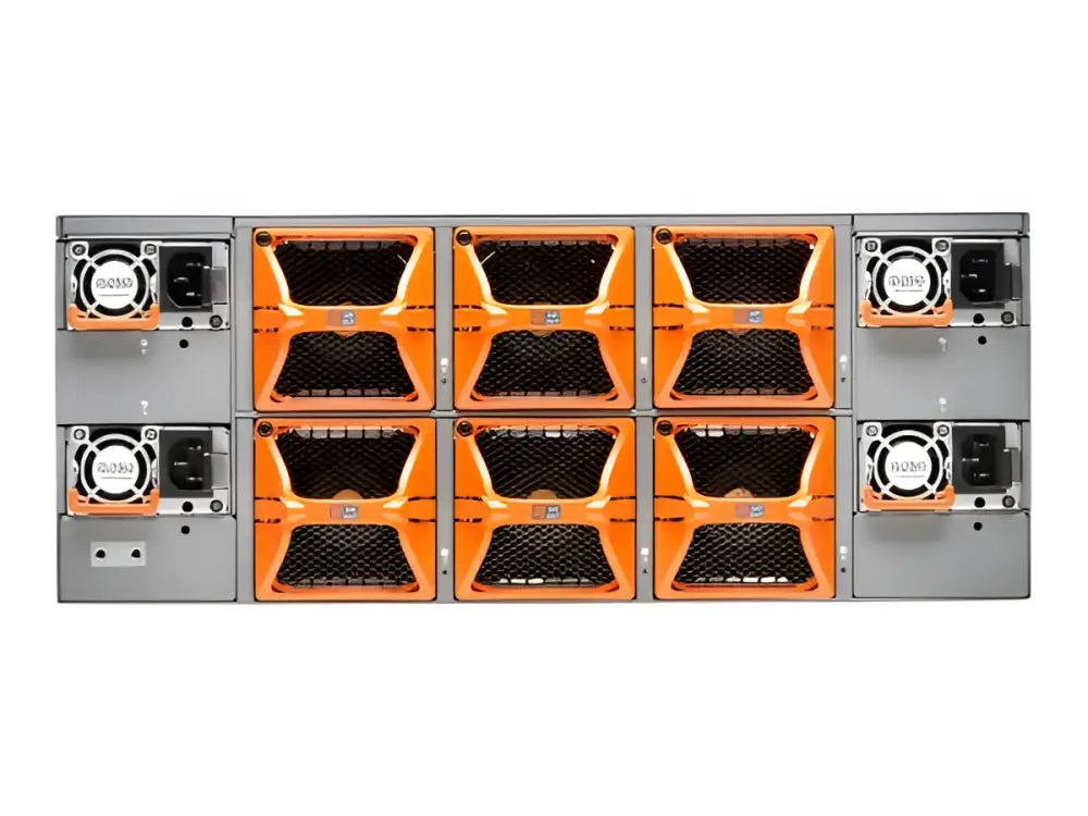 QFX5220-128C network switch rear view with orange cooling modules and power supplies