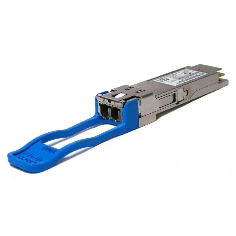 QSFP-100G-LR4-S transceiver module with blue pull tab on white background