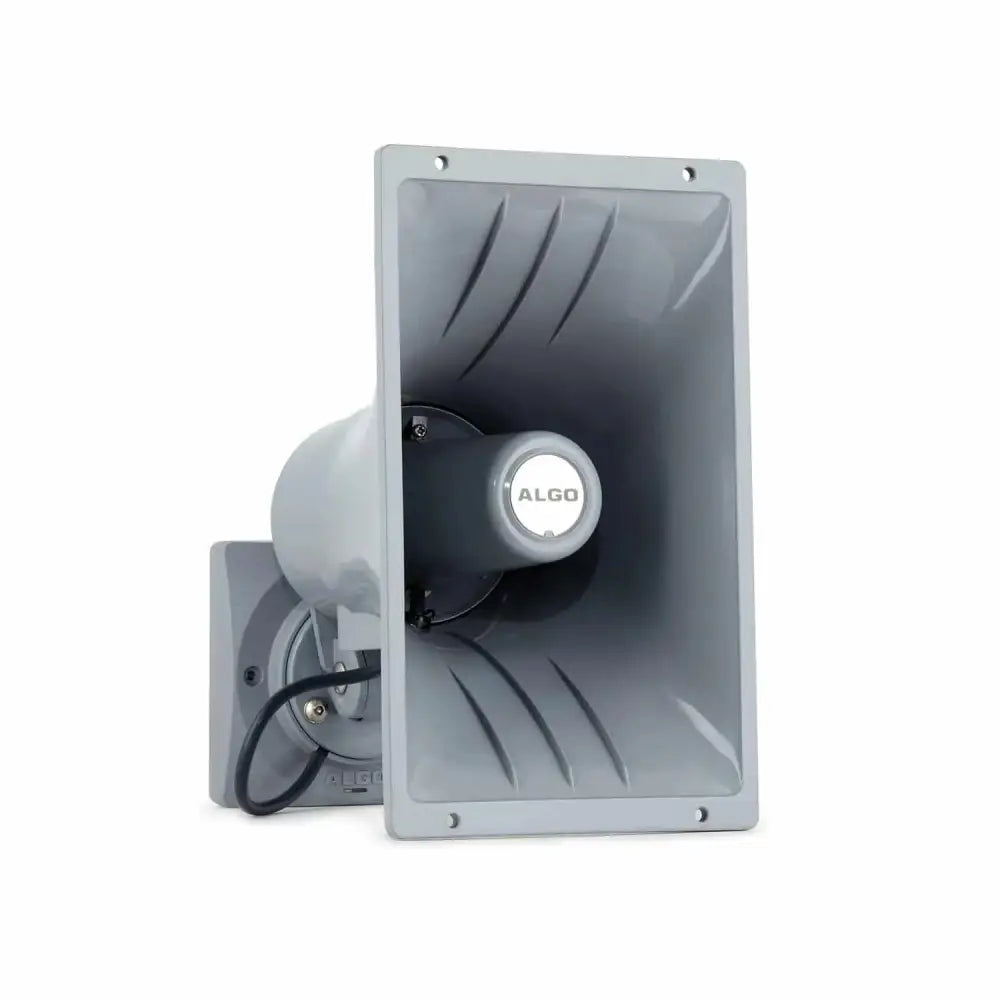 Algo 8186 wideband audio PoE IP horn speaker in grey with wall mount and visible wiring
