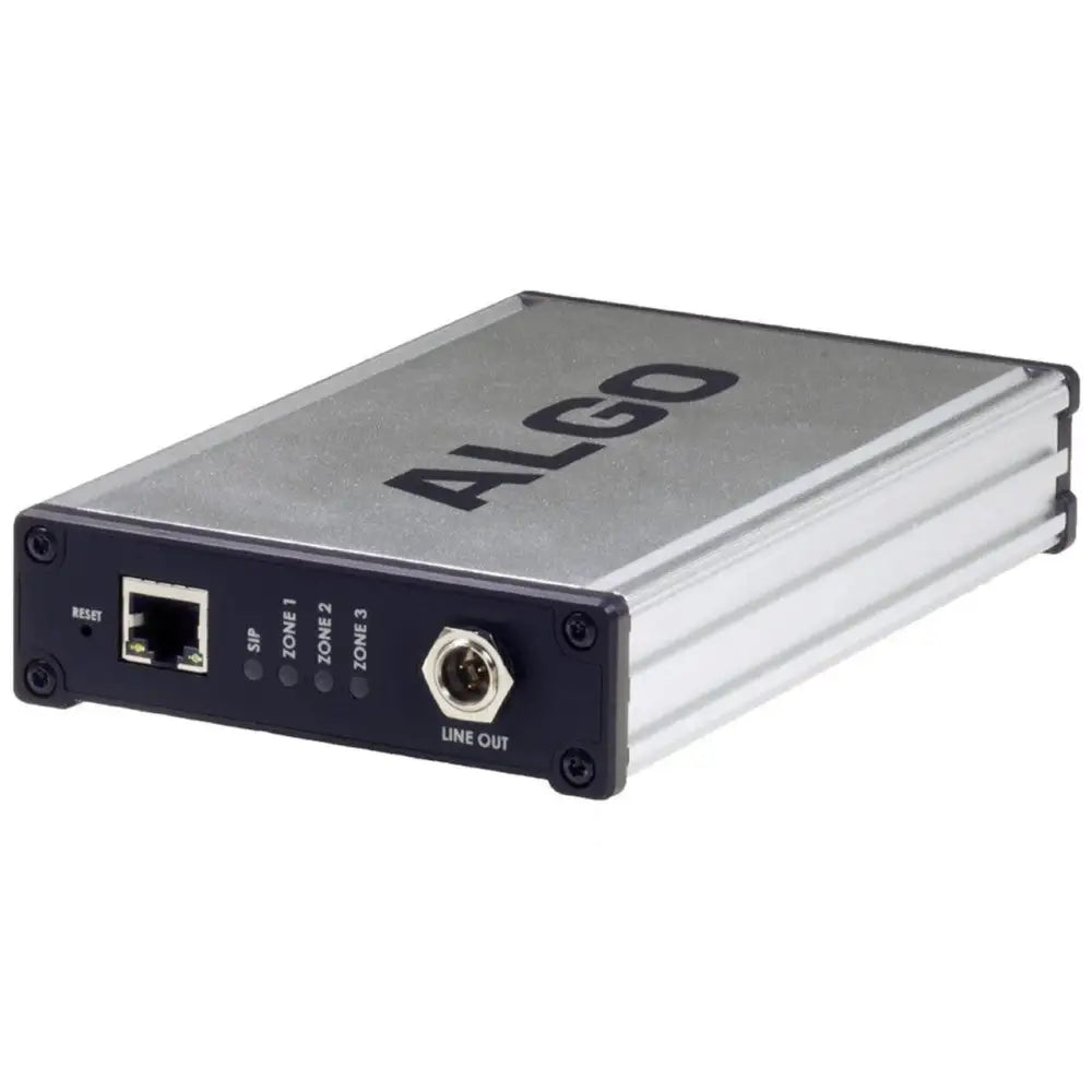 Algo 8373 PoE IP zone paging adapter with Ethernet and line out ports, silver casing
