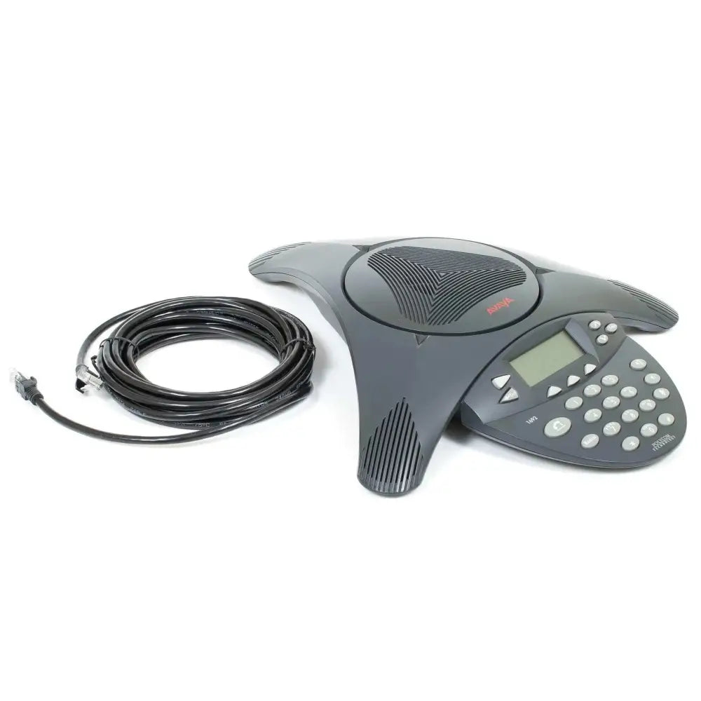 Avaya 1692 IP conference room speakerphone with cable on white background
