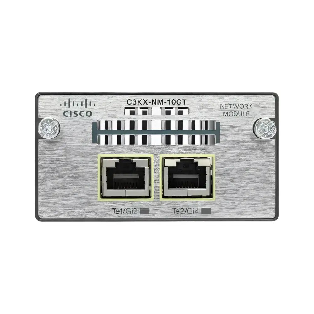 Cisco C3KX-NM-10GT 10 Gigabit Ethernet network module with two RJ45 ports, silver front panel
