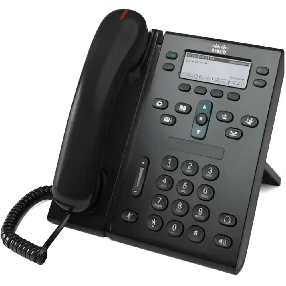 Cisco 6945 IP phone with display screen and corded handset on a white background