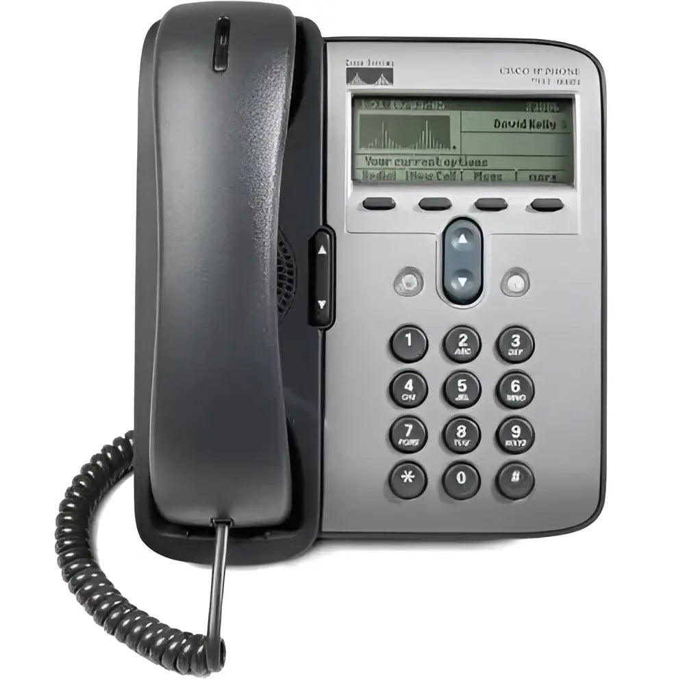 Cisco 7906G IP phone with handset, display screen, and keypad on white background
