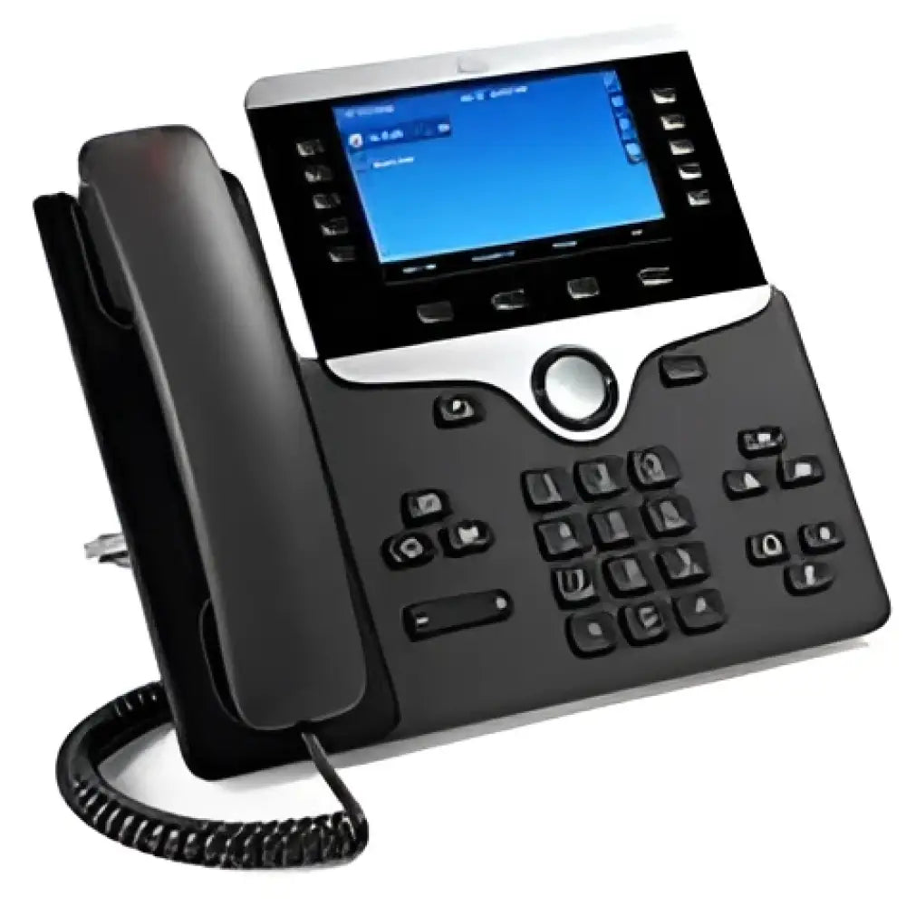 Cisco 8851 Gigabit IP phone with display screen and corded handset on white background