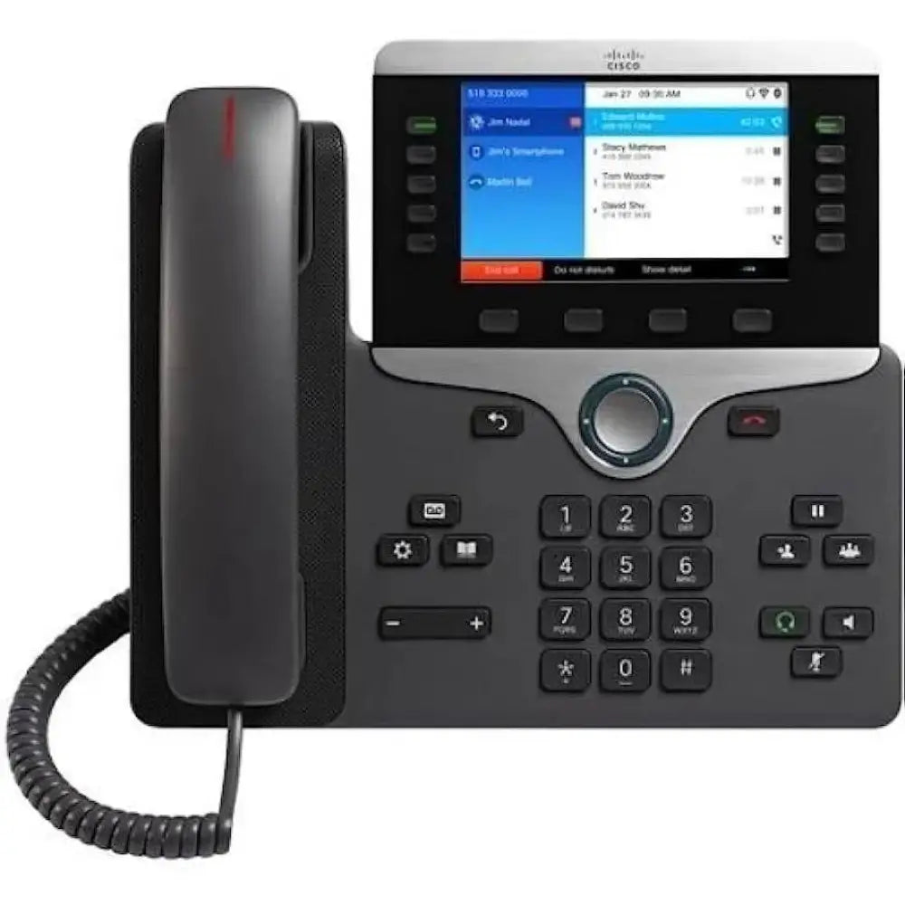 Cisco 8861 IP phone with color display, keypad, and corded handset on a white background