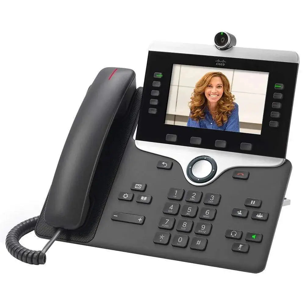 Cisco 8865 Gigabit video IP phone with screen showing a video call, refurbished model
