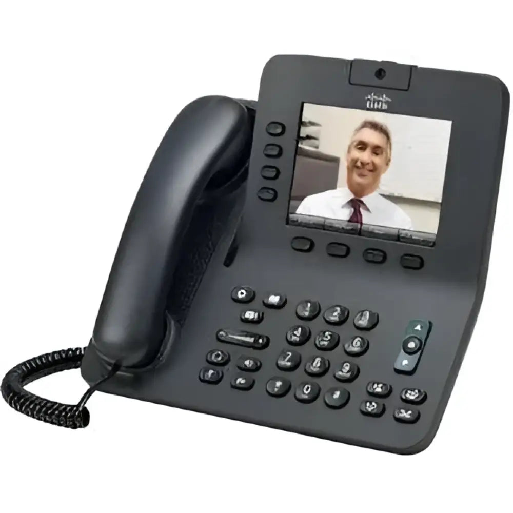 Cisco 8945 Gigabit IP video phone with camera and display screen showing a video call