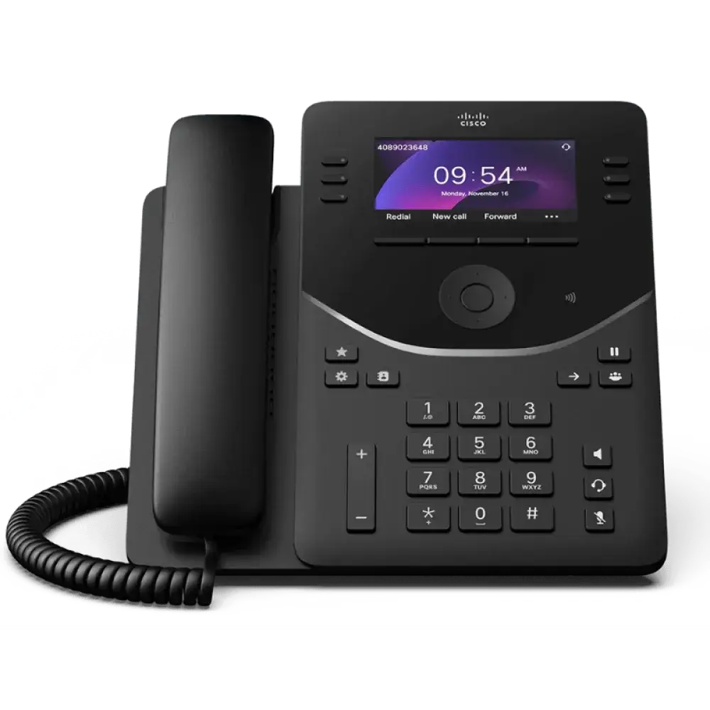 Cisco 9851 gigabit IP desk phone with color display and keypad on a white background
