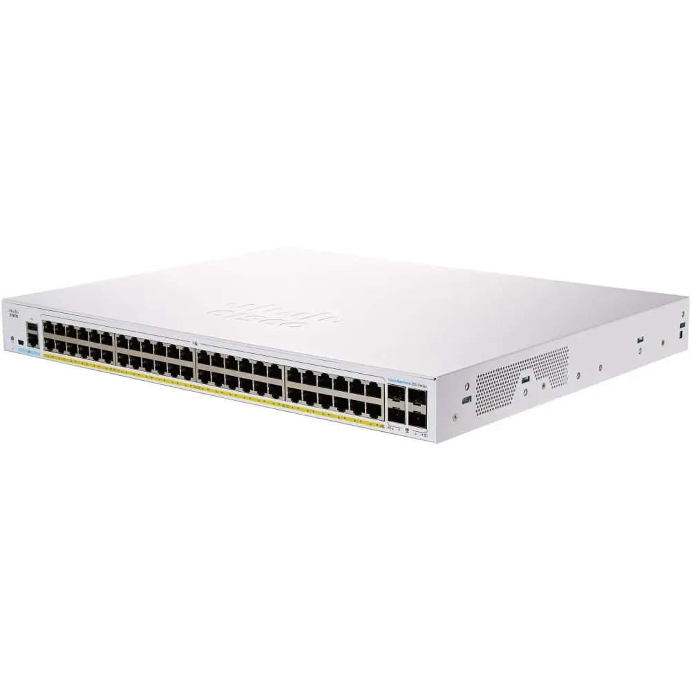 Cisco Business 250 Series 48-port PoE smart switch with 4 SFP ports, white, angled view