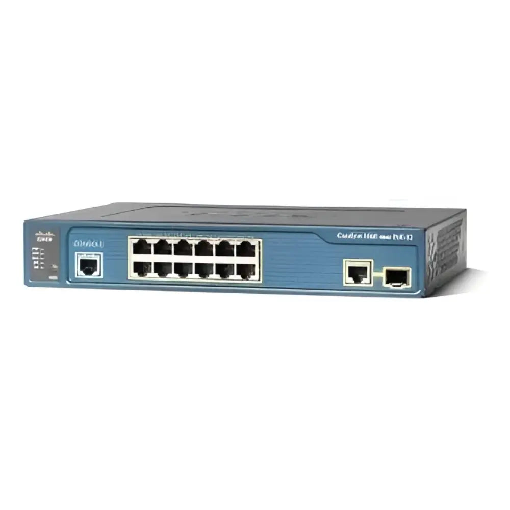 Cisco Catalyst 3560 12-port PoE network switch front view on white background