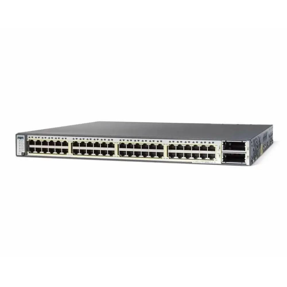 Cisco Catalyst 3750E 48-port gigabit switch, front view with Ethernet ports and uplink slots