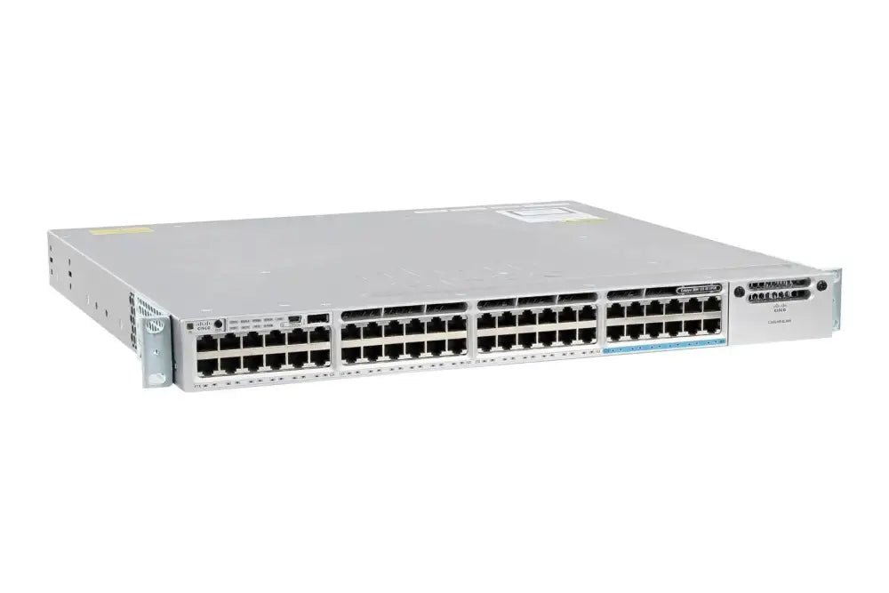 Cisco Catalyst 3850 48-port network switch, rack-mount, front view on white background