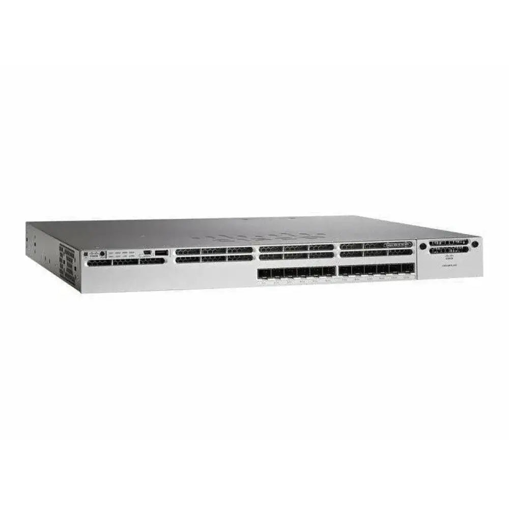Cisco Catalyst C3850 12-port gigabit fiber switch front view with multiple SFP ports