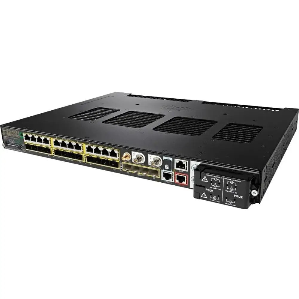 Cisco Industrial Ethernet 5000 series switch, black chassis, multiple network ports front view