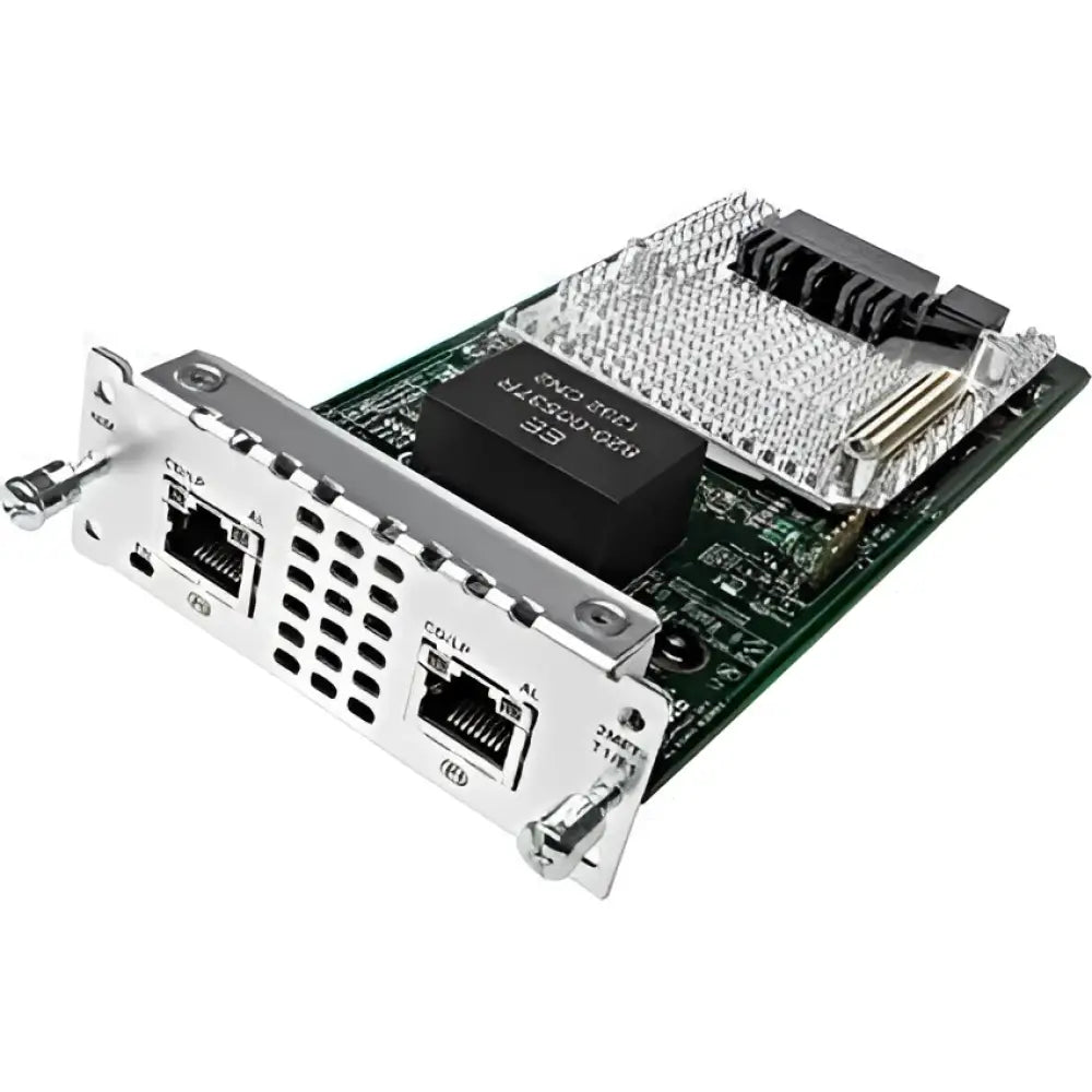 Cisco ISR voice module NIM-2MFT-T1/E1 with dual ports and circuit board detail