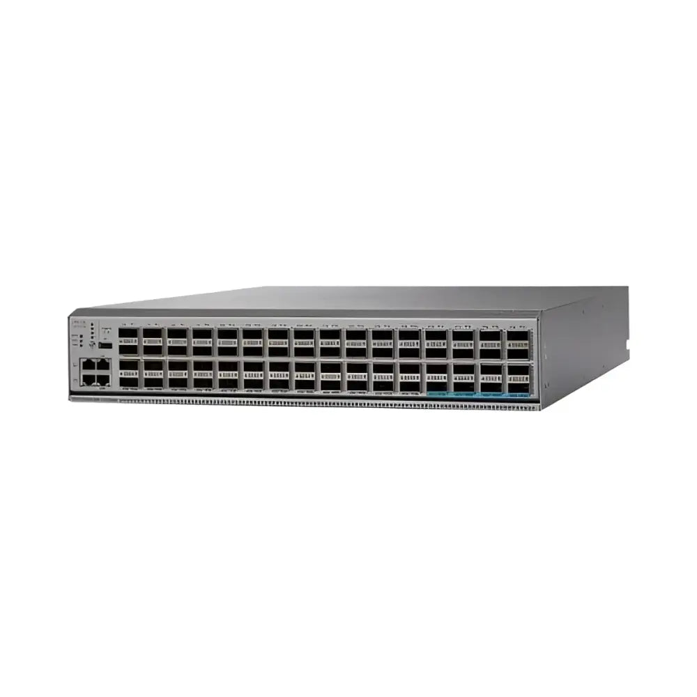 Cisco Nexus 9200 56-port QSFP network switch front view, silver, refurbished model