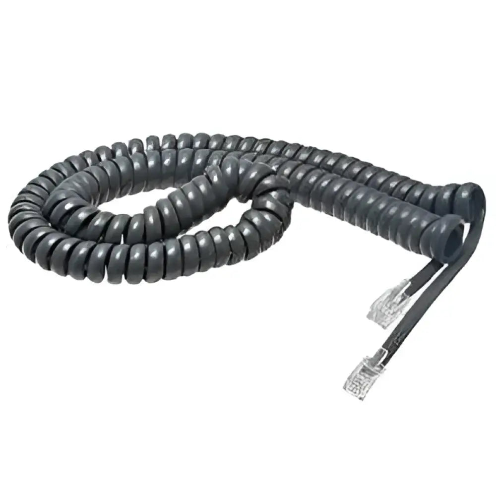 Grey 12ft Cisco replacement curly phone cord with clear connectors on white background
