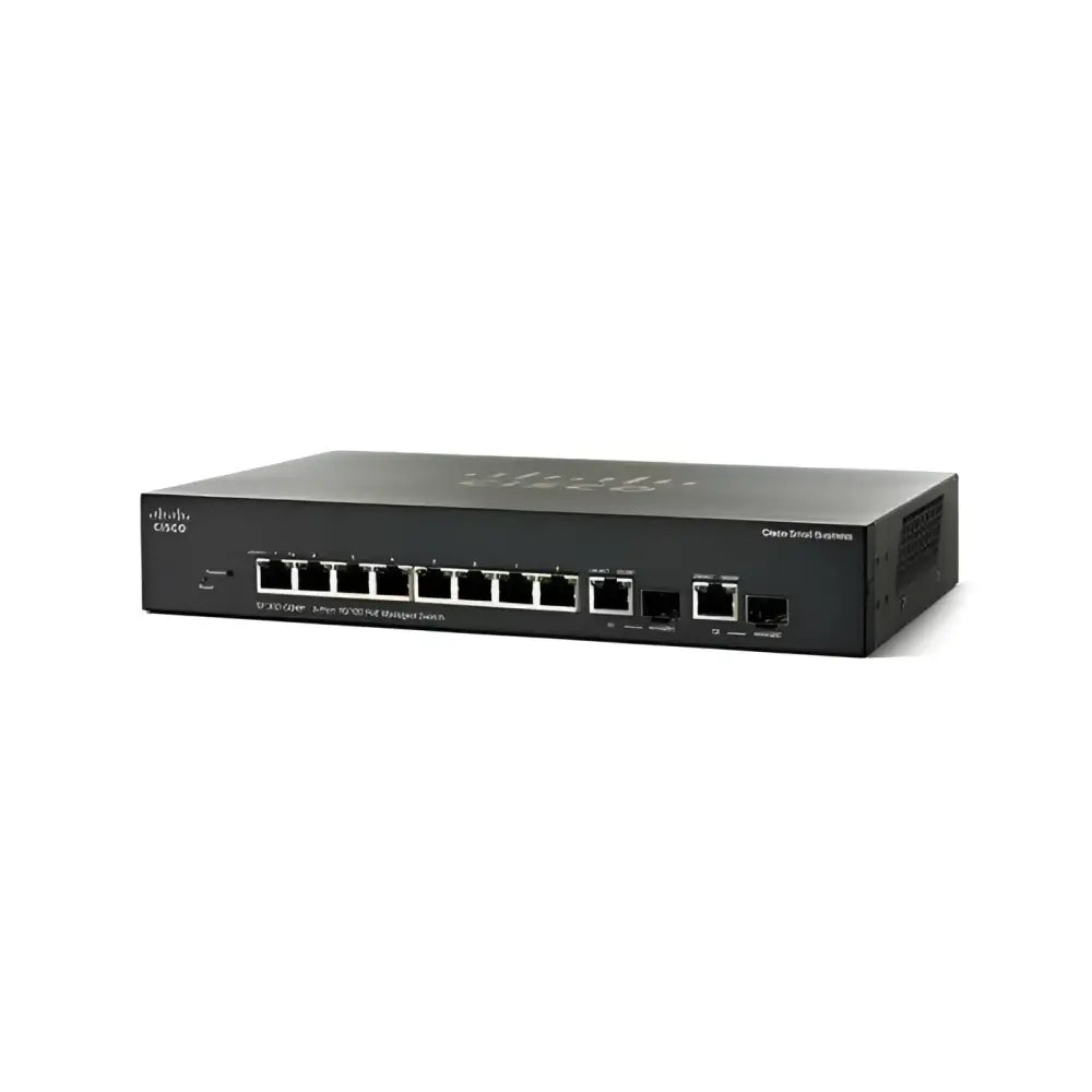 Cisco SF350-08 8-port 10/100 small business network switch, black, front view