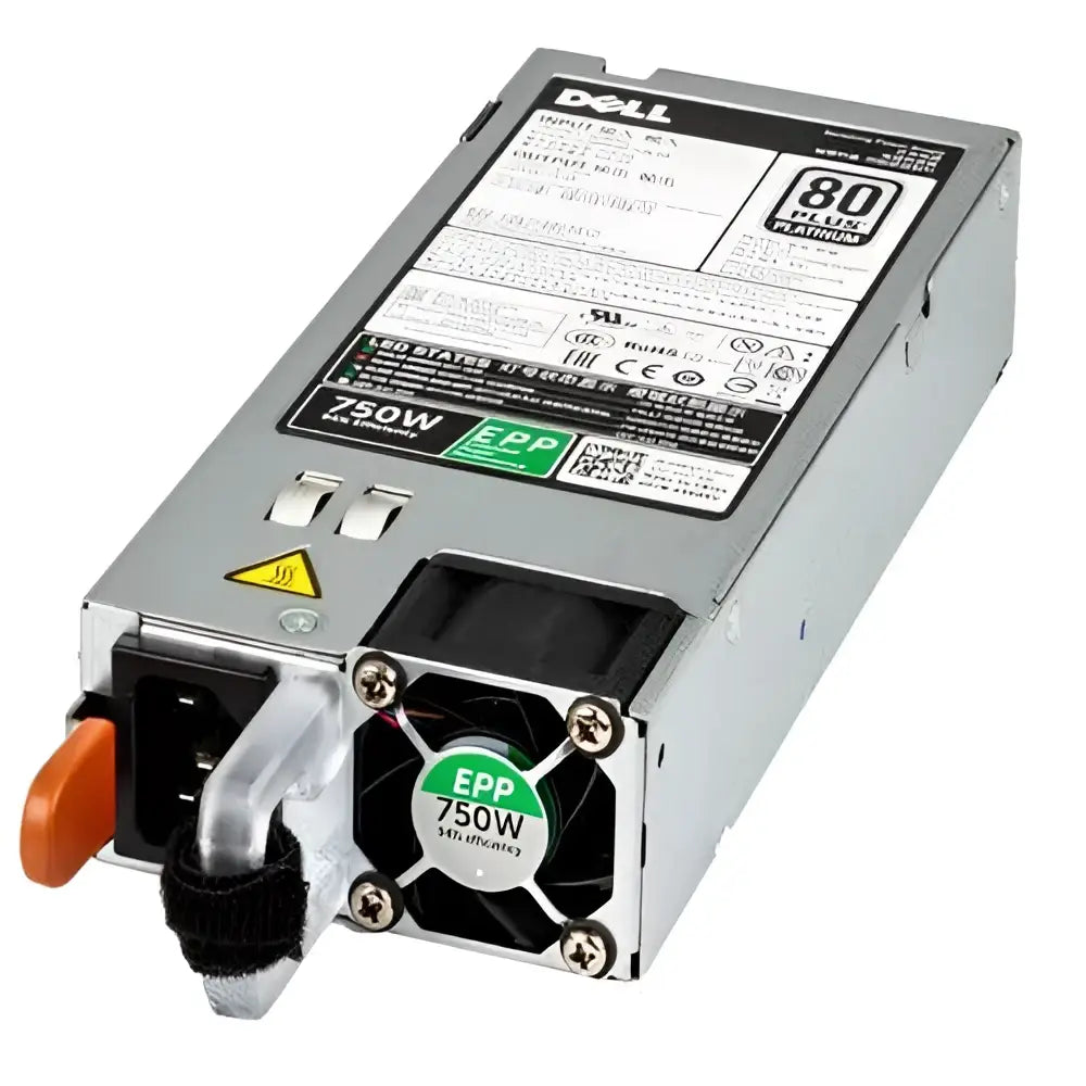 Dell 750W power supply unit for server, 80 Plus Platinum, with label and cooling fan visible.