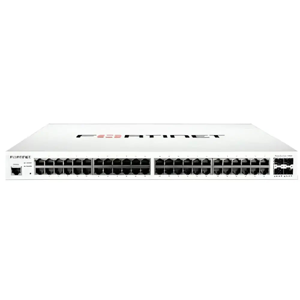 Fortinet FortiSwitch 148E 48-port PoE gigabit switch front view, refurbished model