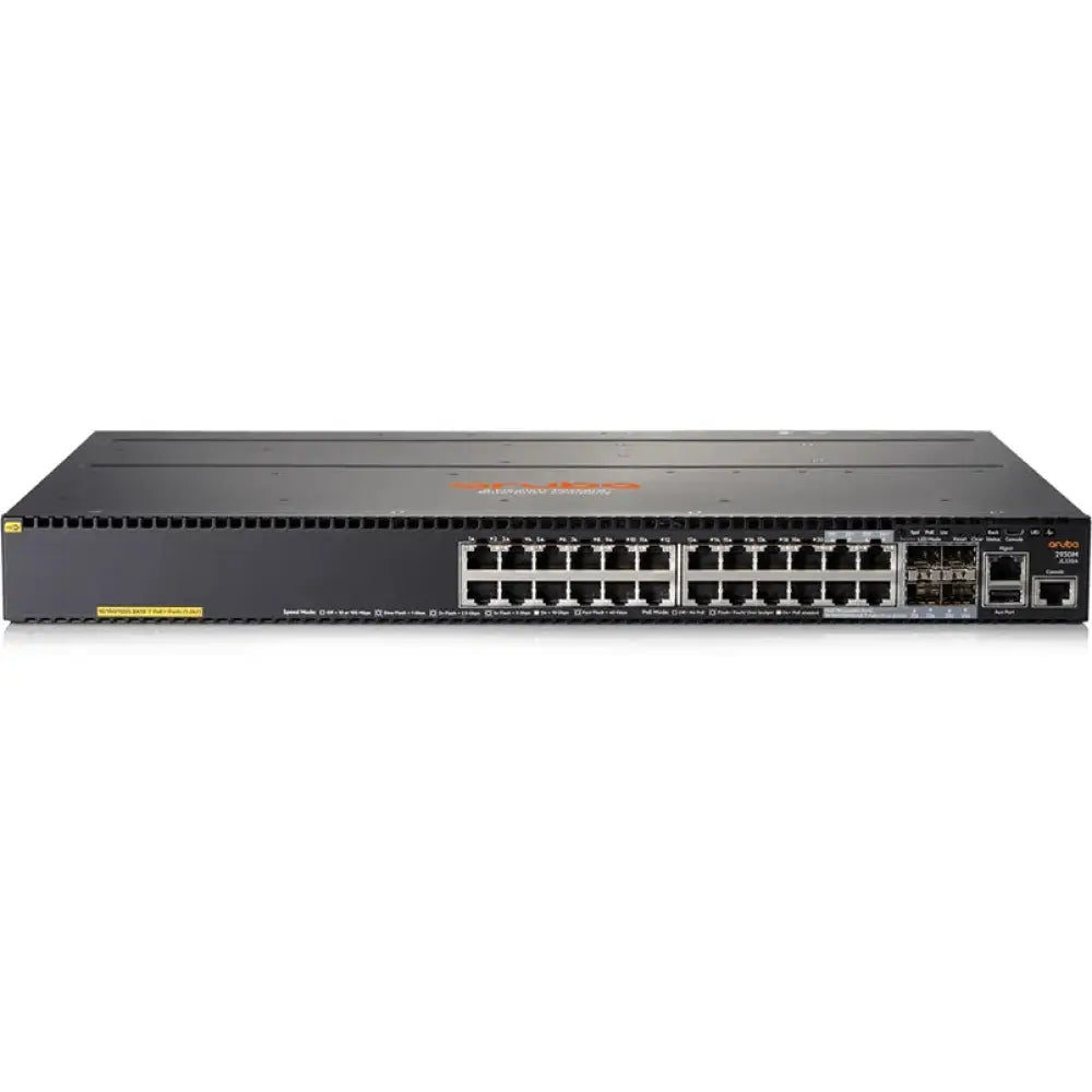 HP Aruba 2930M 24G PoE network switch JL320A front view with 24 Ethernet ports