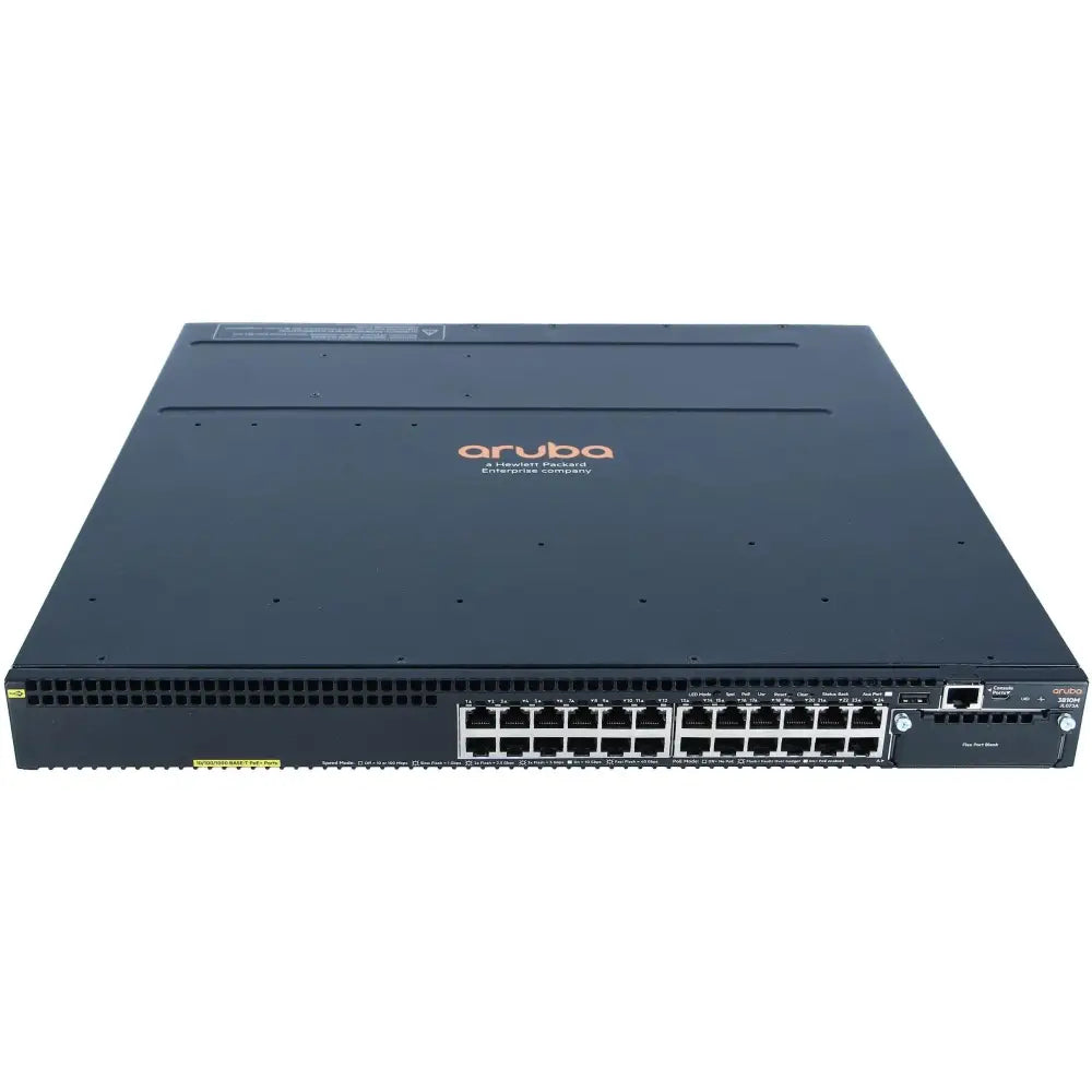 HP Aruba 3810M 24G PoE network switch front view with 24 Ethernet ports and 1 slot