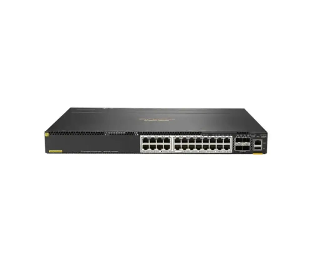 HP Aruba 6300M 24-port PoE Gigabit switch with 4 SFP56 ports, front view, on white background