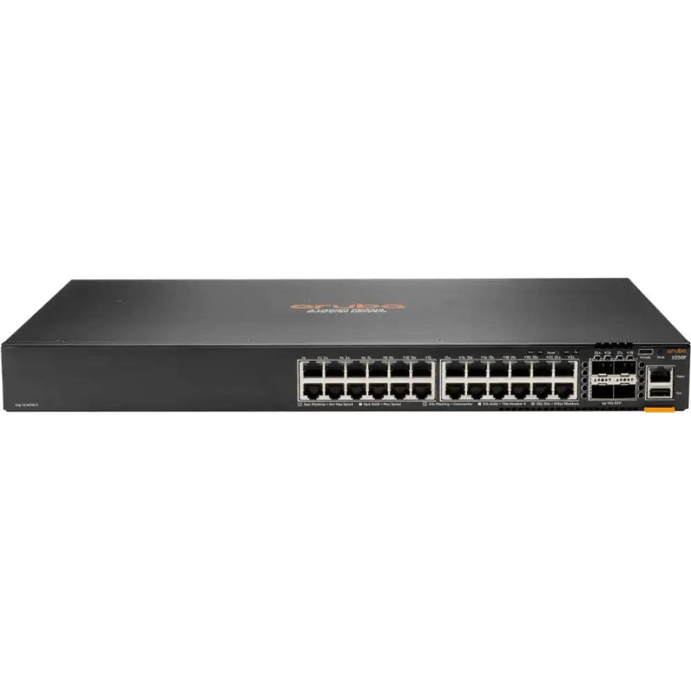 HP Aruba CX 6200F 24G 4SFP network switch front view with 24 Ethernet ports and 4 SFP slots