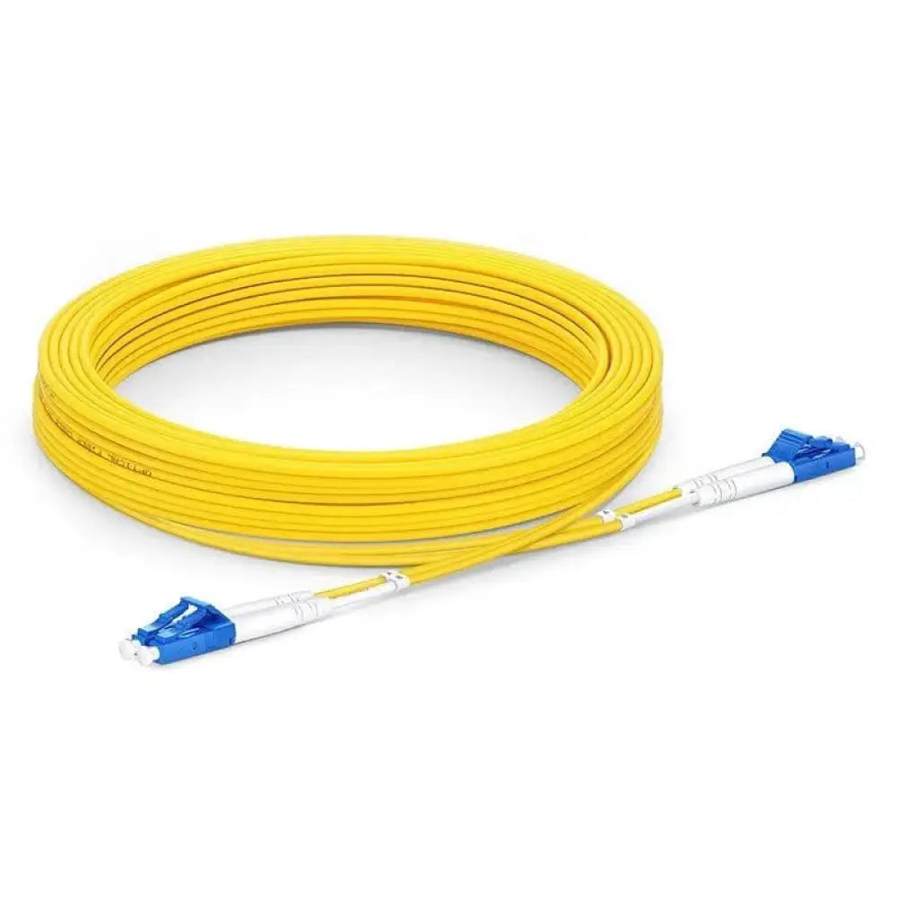 Yellow LC to LC 10m single mode fiber optic cable with blue connectors coiled on white background