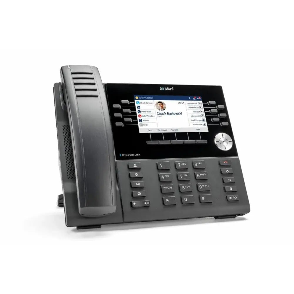 Mitel MiVoice 6930 IP phone with color display, keypad, and coiled handset on white background
