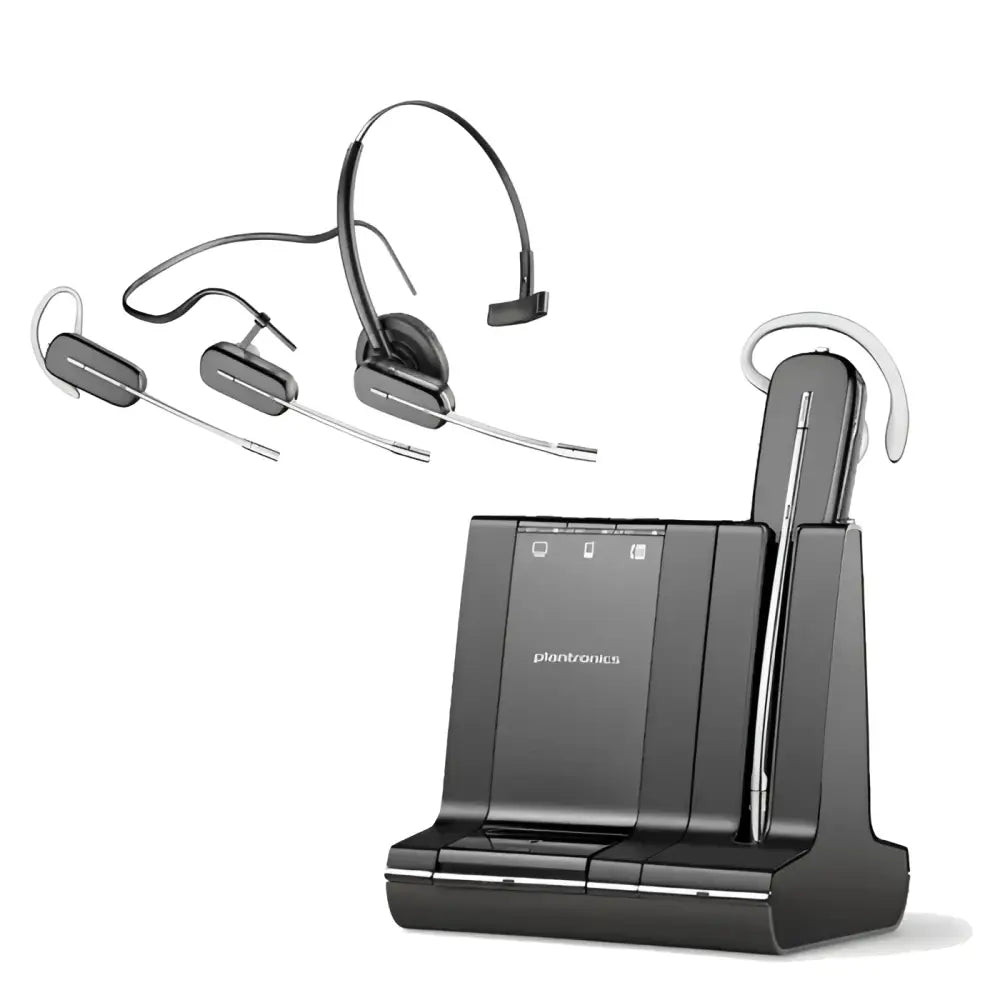 Plantronics Savi W740-M refurbished wireless headset with charging base and accessories