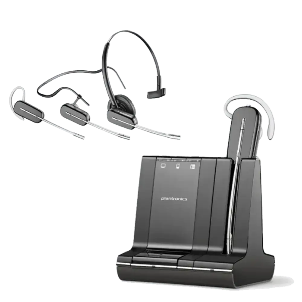 Plantronics Savi W740-M refurbished wireless headset with charging base and accessories