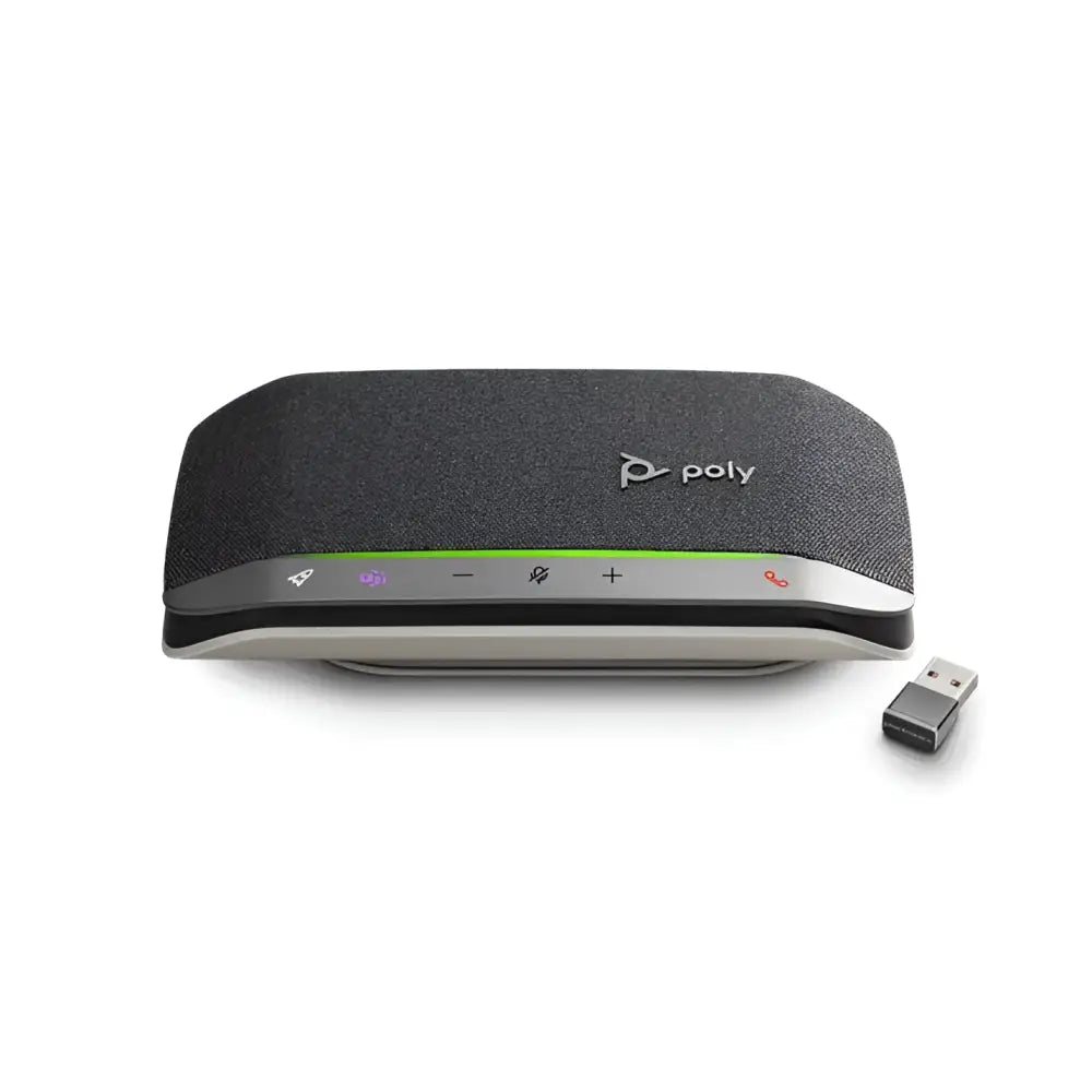 Poly Sync 20 smart speakerphone with BT600 USB dongle, front view, grey fabric design