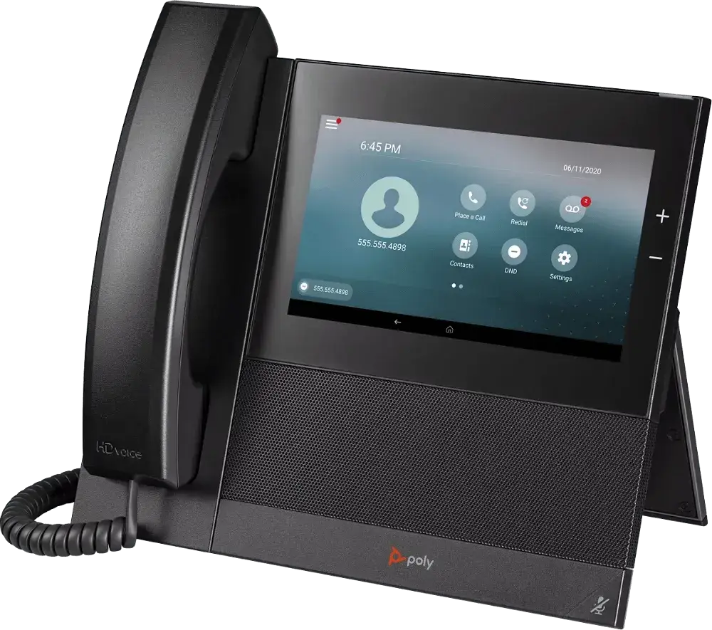 Polycom CCX 600 SIP phone with touchscreen display, handset, and Poly logo