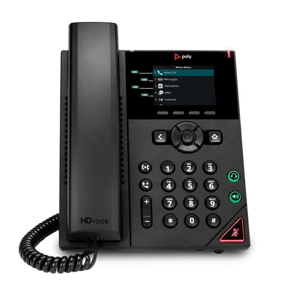 Polycom VVX 250 IP phone with LCD display and keypad, black office desk phone