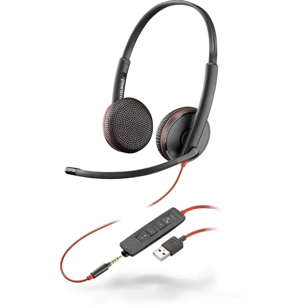 Poly Plantronics Blackwire C3225 USB-A wired stereo headset with inline controls on white background