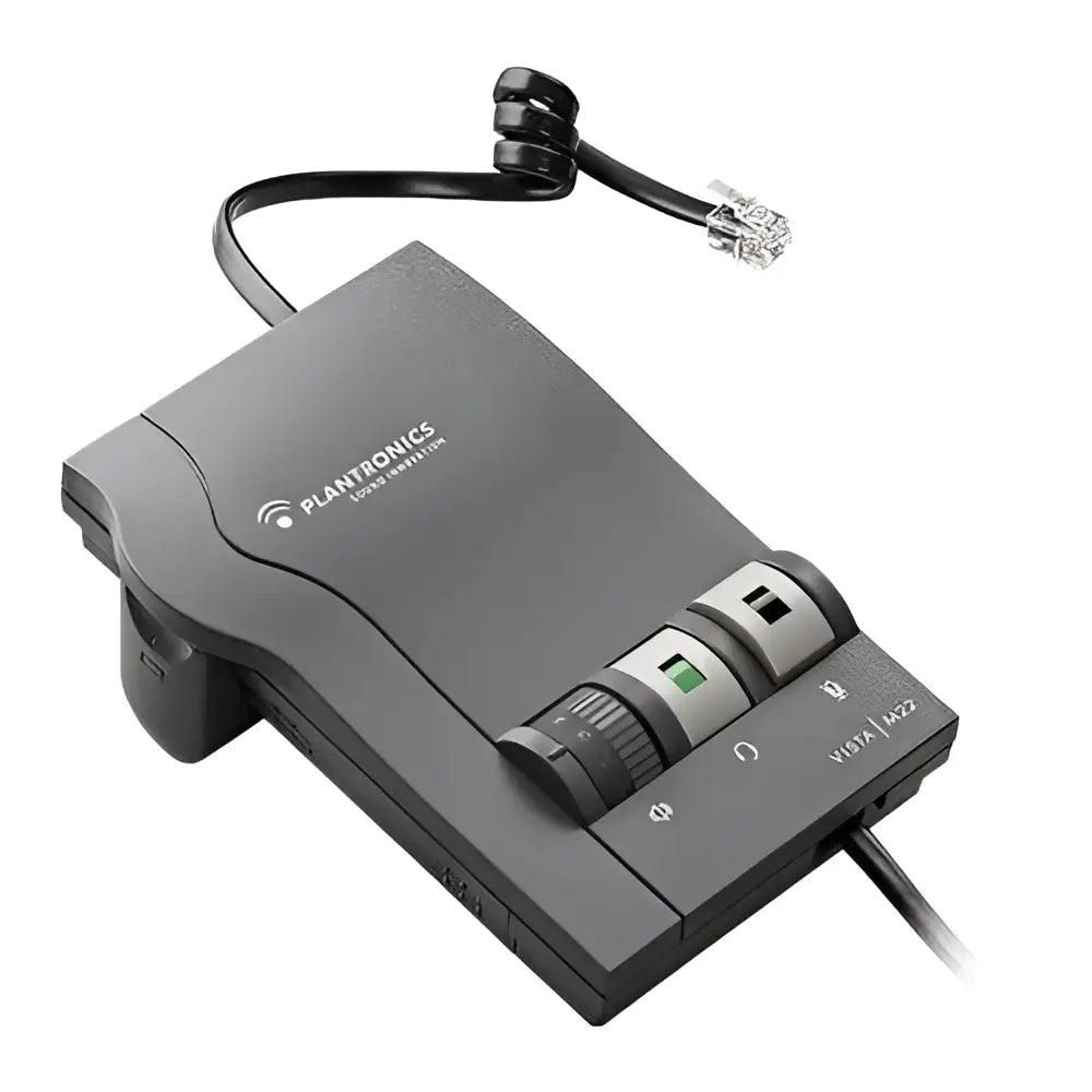 Plantronics Vista M22 headset amplifier with volume and mute controls, black device
