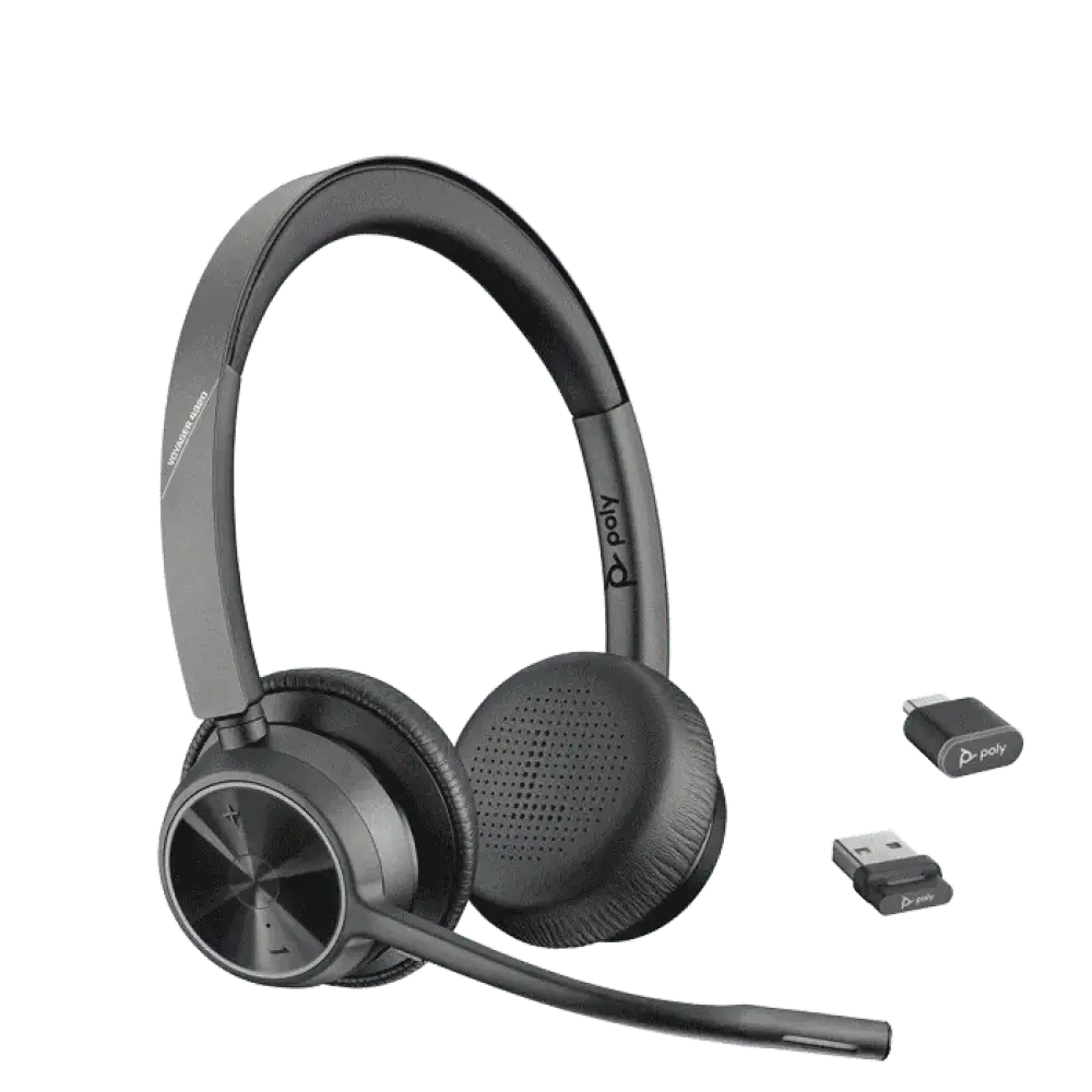 Poly Voyager 4320 series Bluetooth office headset with USB adapter and dongle