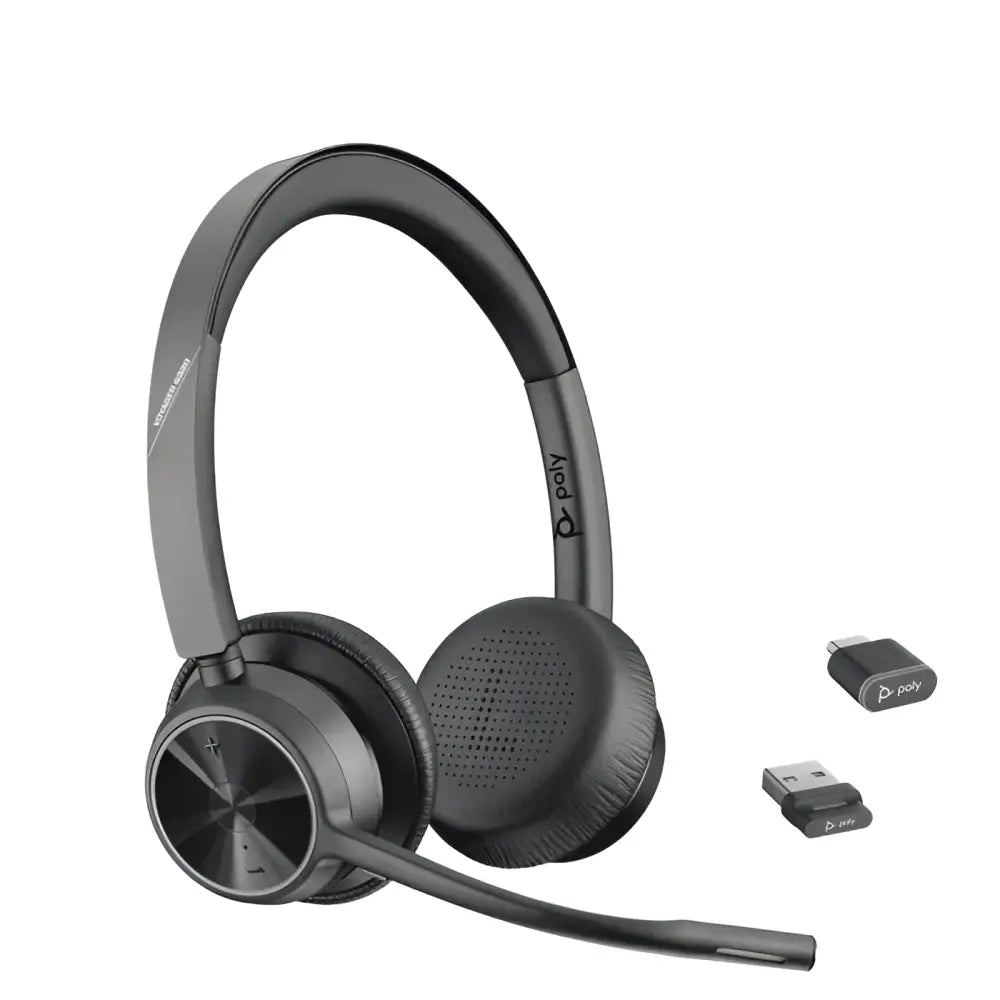 Poly Voyager 4320 series Bluetooth office headset with USB adapter and dongle