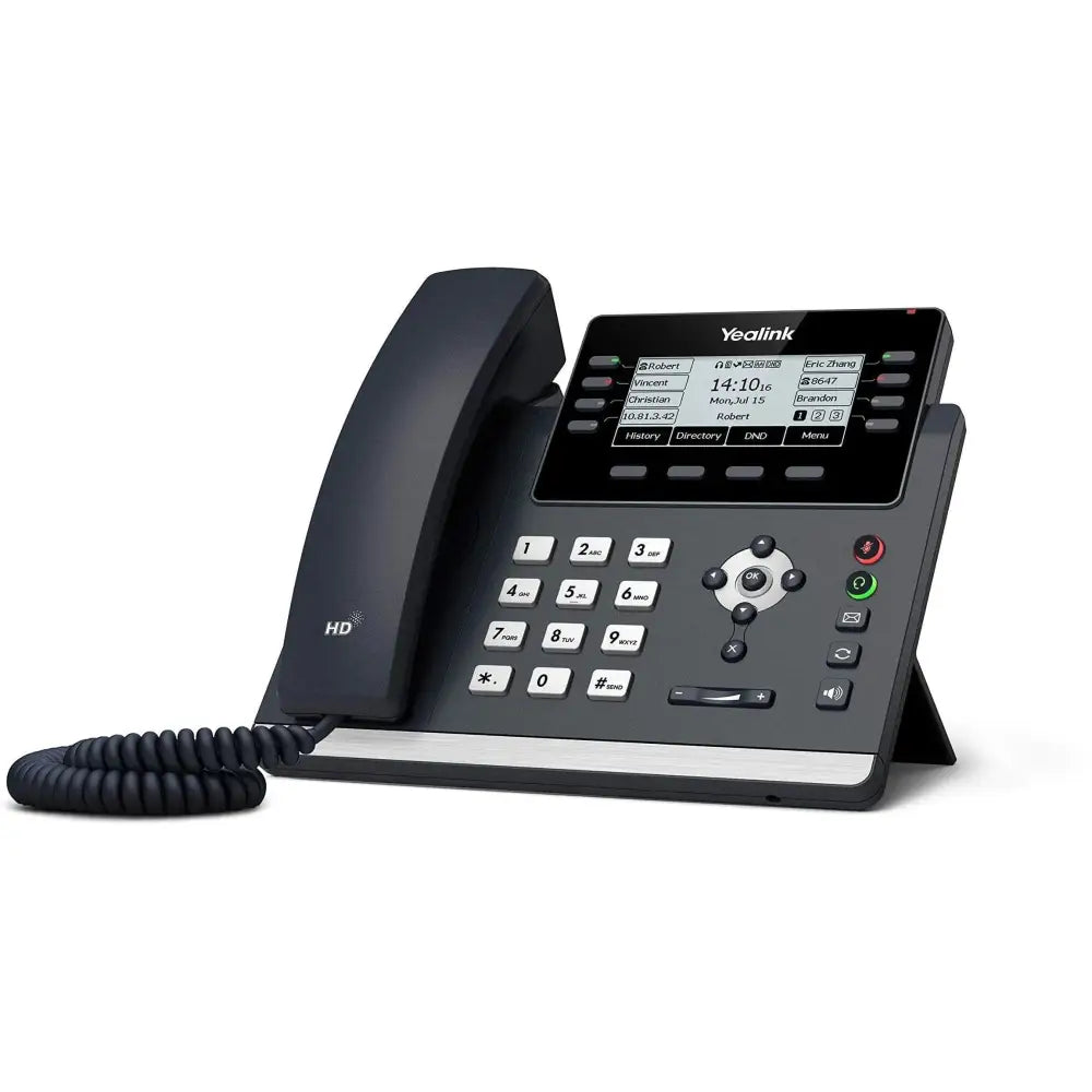 Yealink T43U 12-line IP phone with LCD display, keypad, and coiled cord on white background