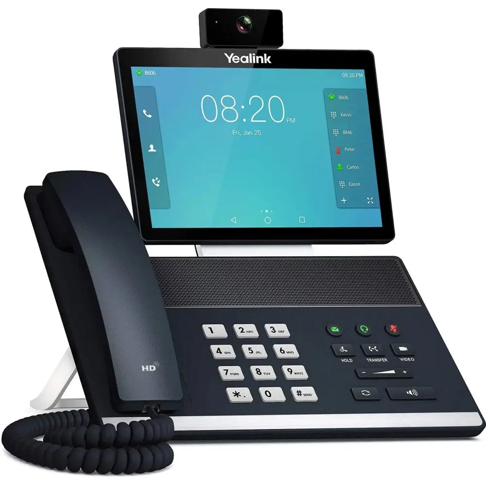 Yealink VP59 smart video IP phone with 8-inch touchscreen, keypad, camera, and handset