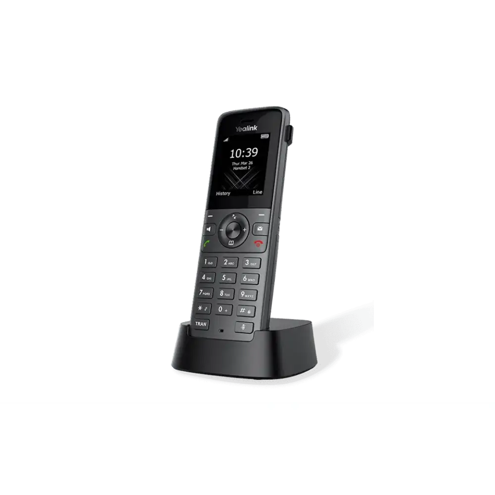 Yealink W73H DECT wireless handset in black charging dock on plain background