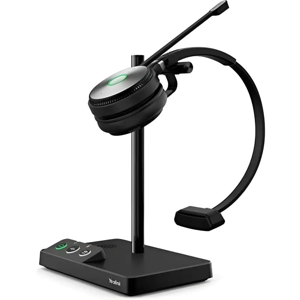 Yealink WH62 mono DECT wireless headset with microphone on charging stand