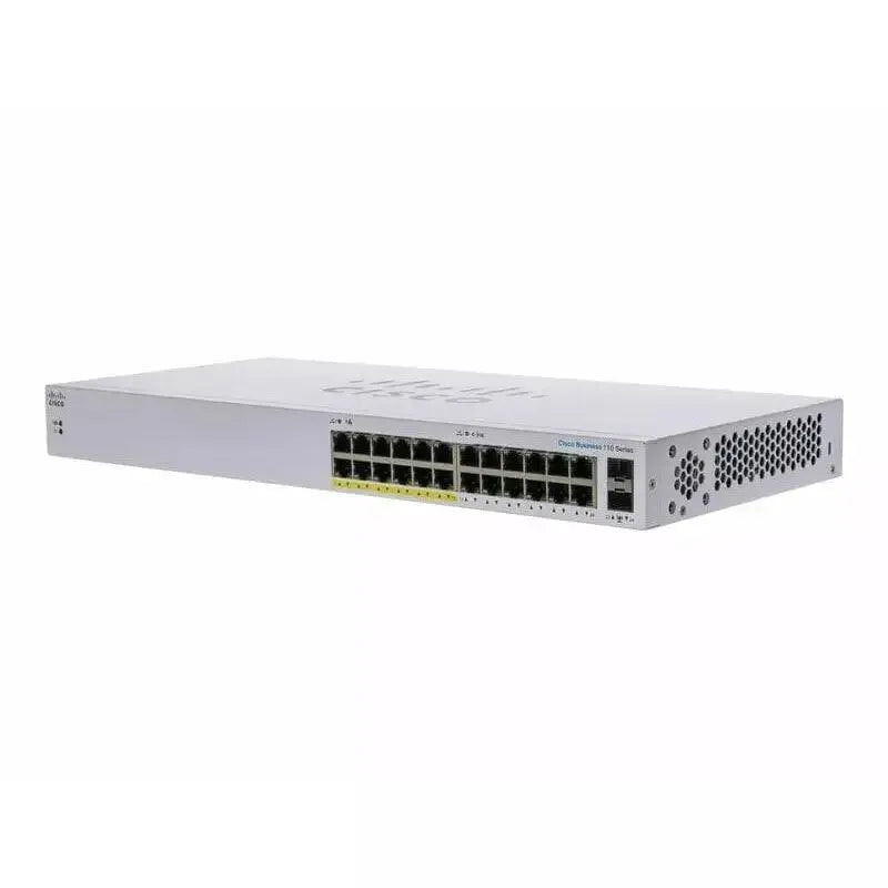 Cisco Business 110 Series 24-port PoE unmanaged switch with 2 SFP ports, front view
